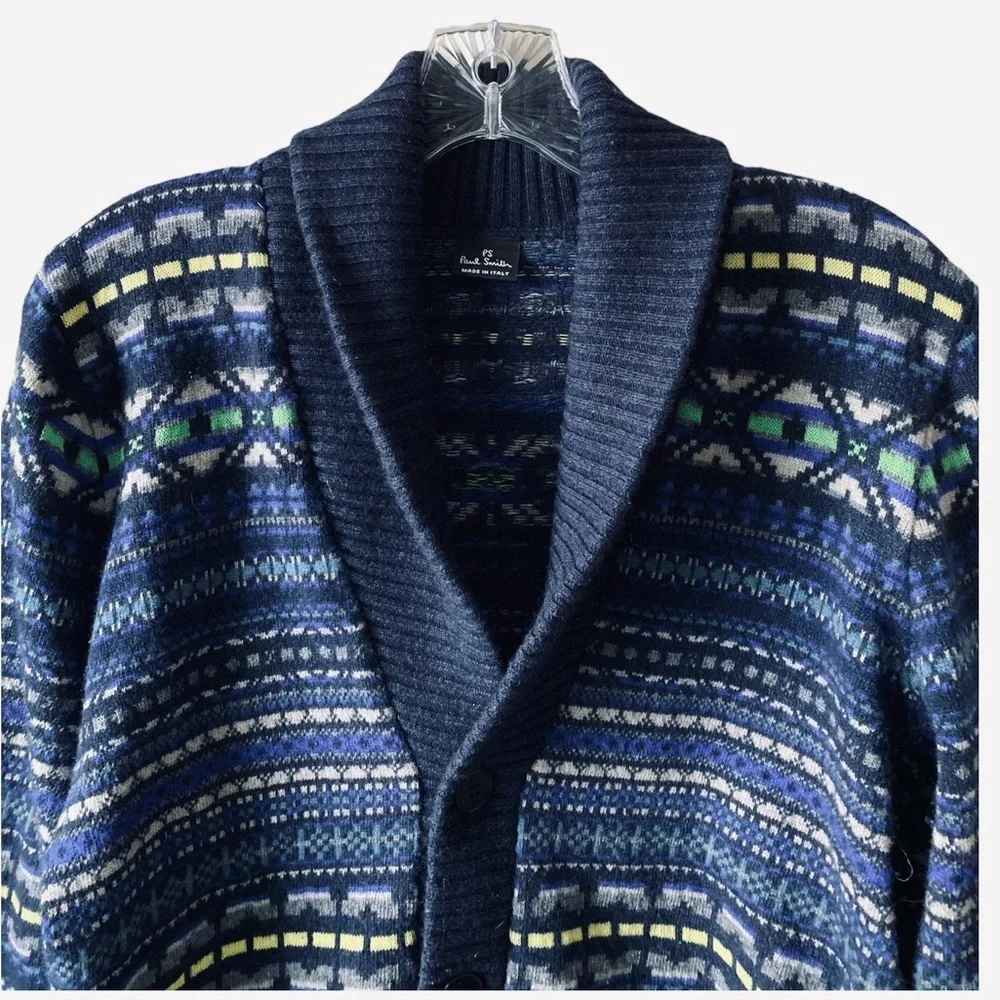 PAUL SMITH Men's Blue Fair-isle Wool/Cashmere Blend Shawl Collar Cardigan S
